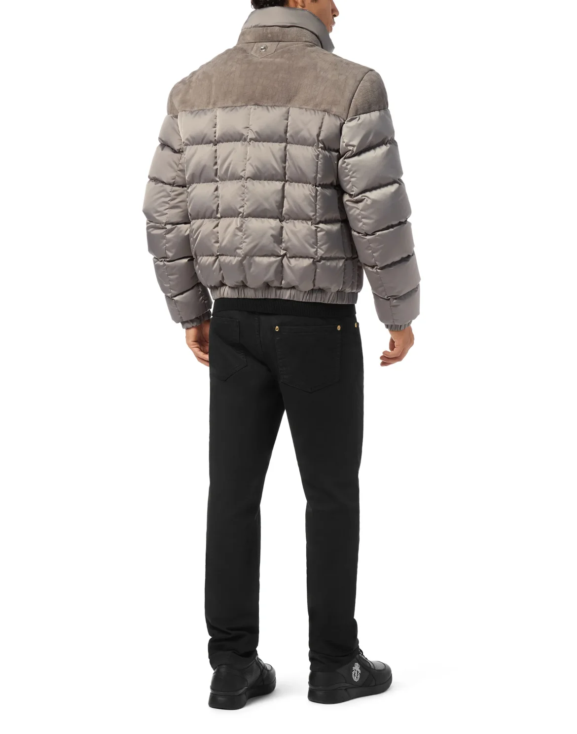Puffer Down Jacket with Leather Inserts, цвет: Серый