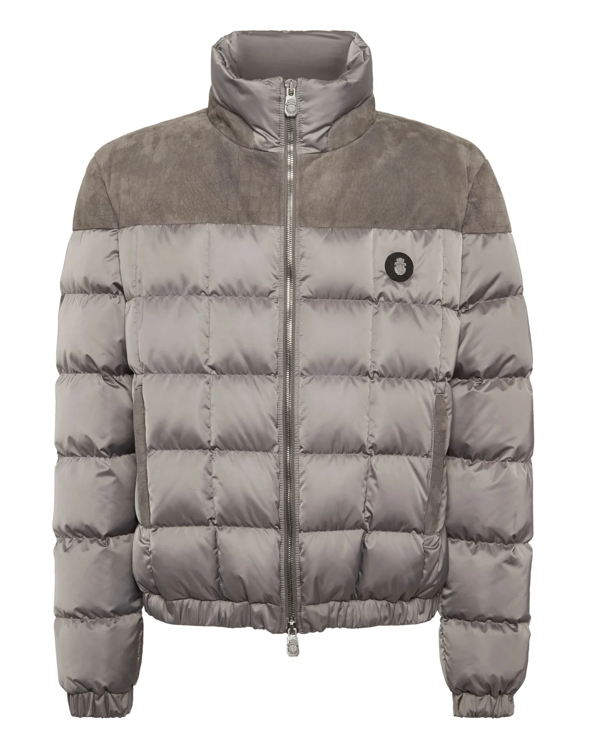 Puffer Down Jacket with Leather Inserts, цвет: Серый
