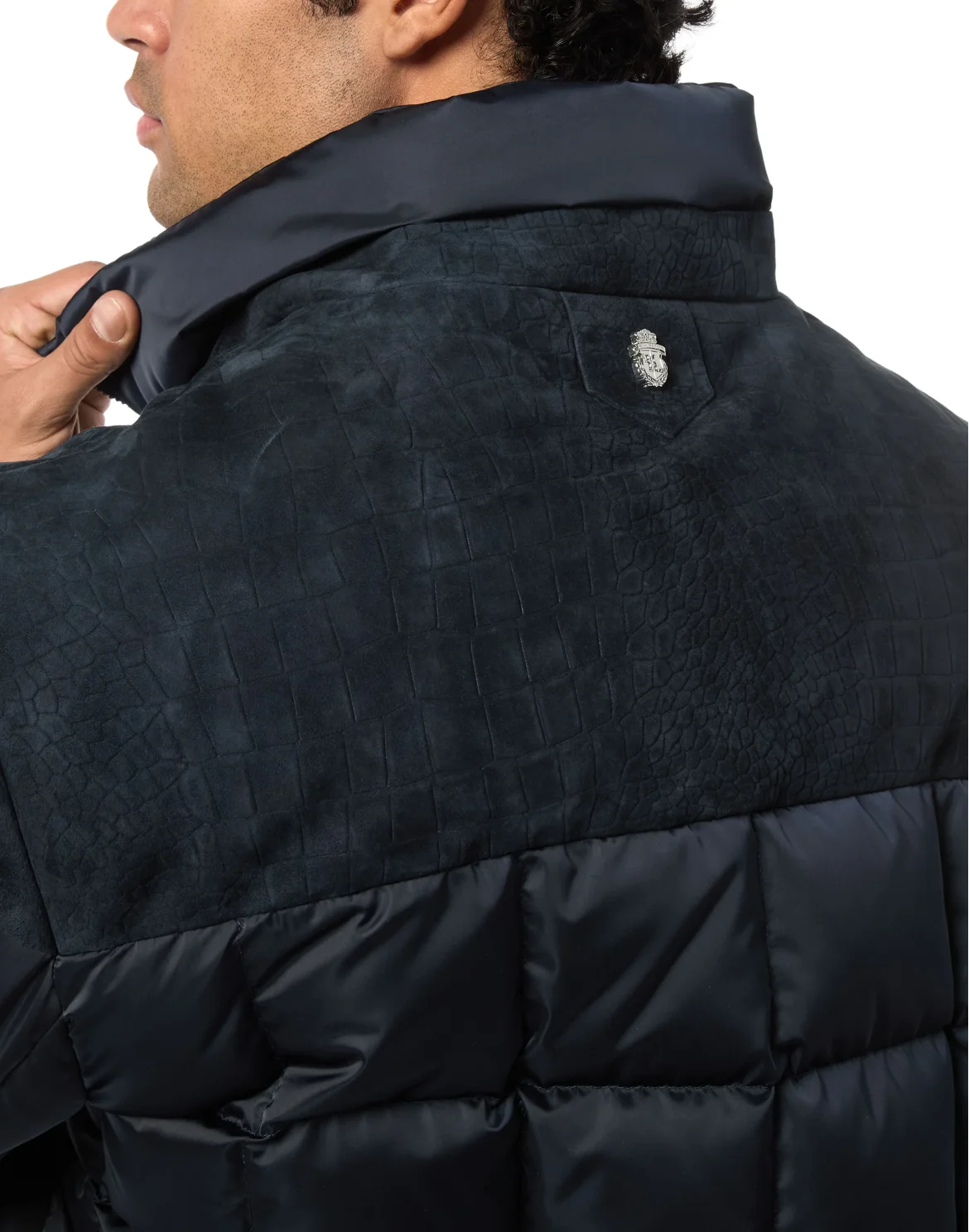 Puffer Down Jacket with Leather Inserts, цвет: Синий