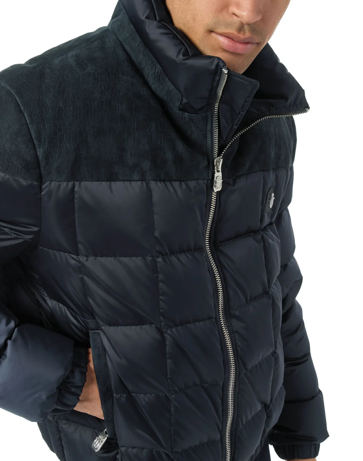 Puffer Down Jacket with Leather Inserts, цвет: Синий
