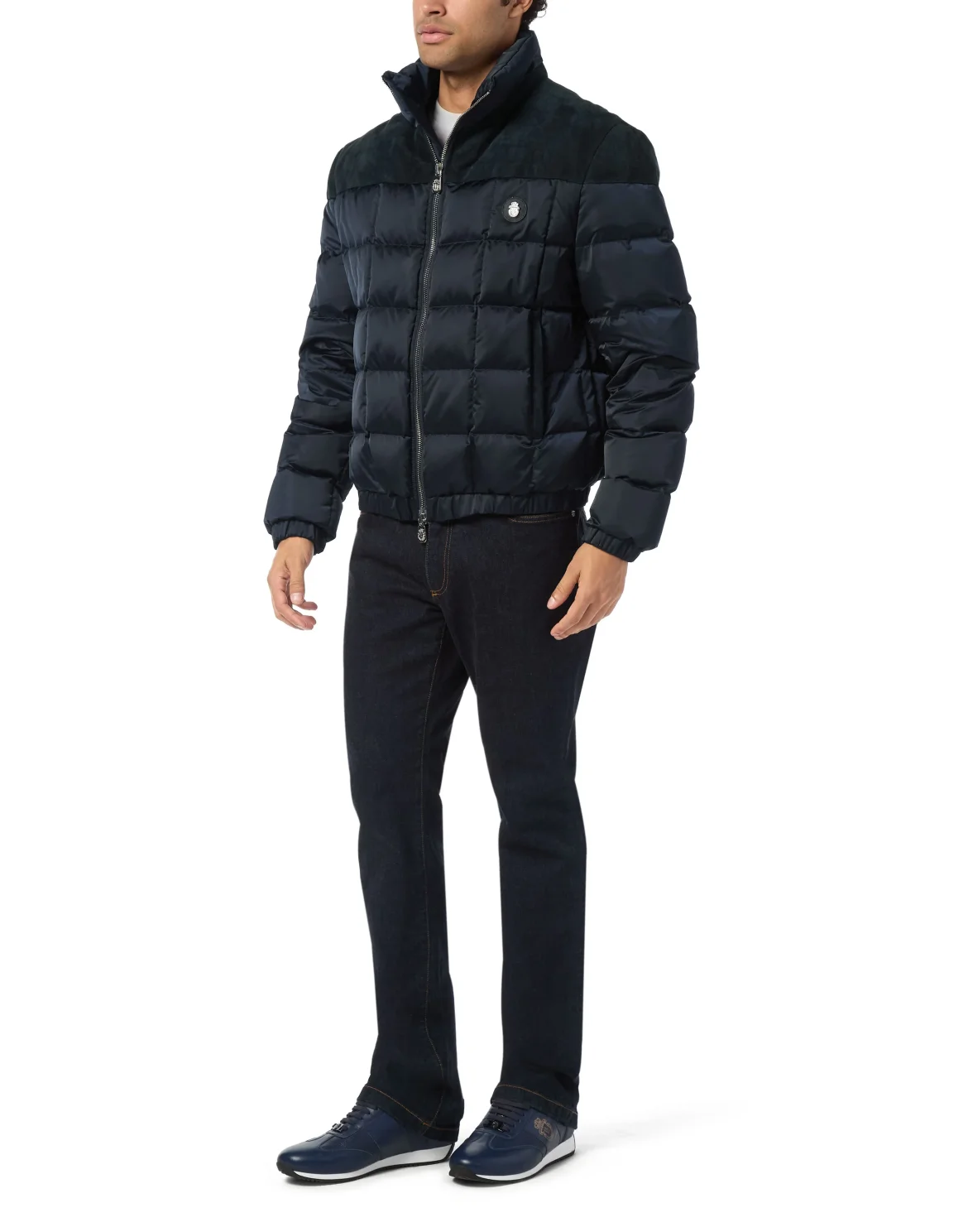 Puffer Down Jacket with Leather Inserts, цвет: Синий