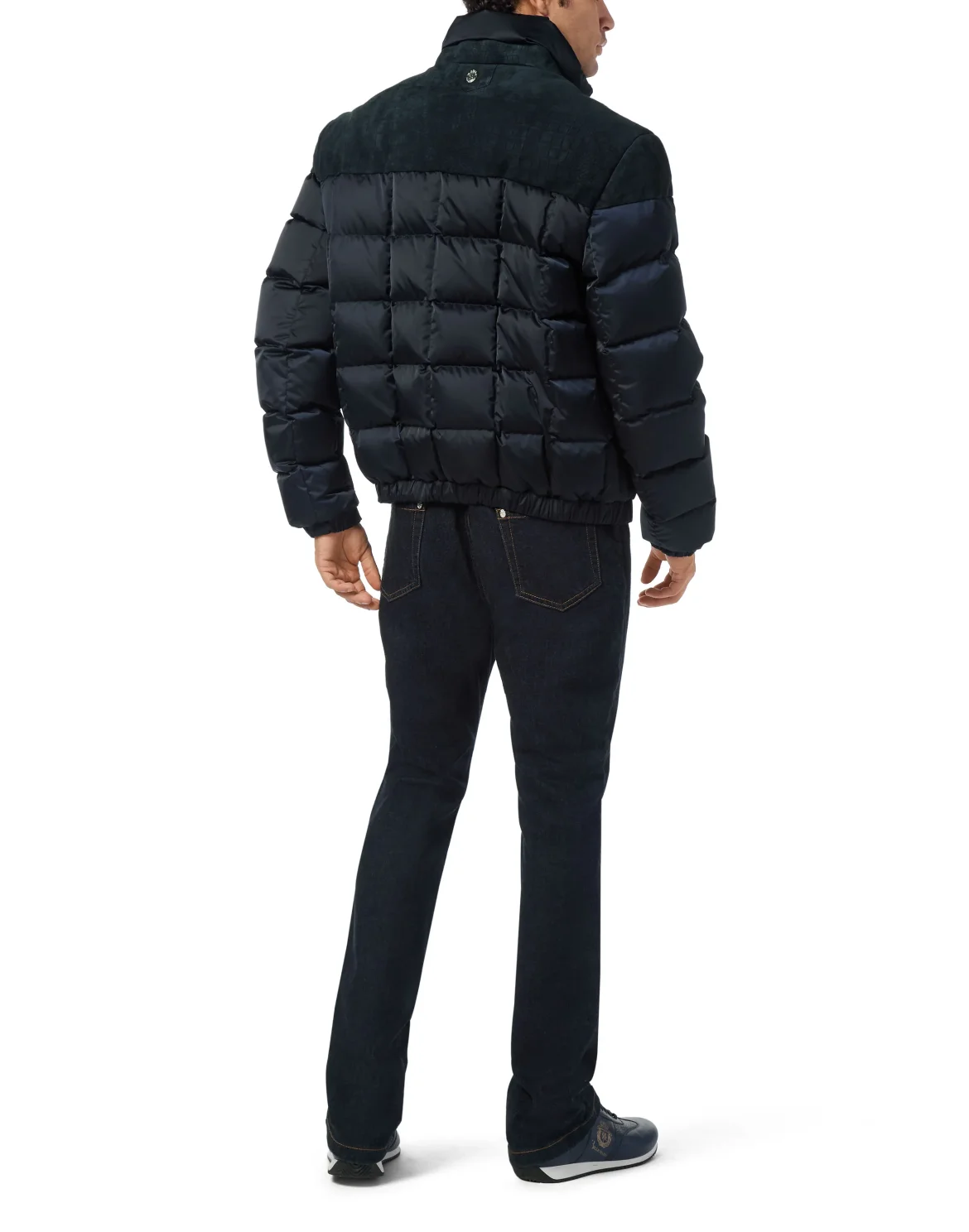 Puffer Down Jacket with Leather Inserts, цвет: Синий