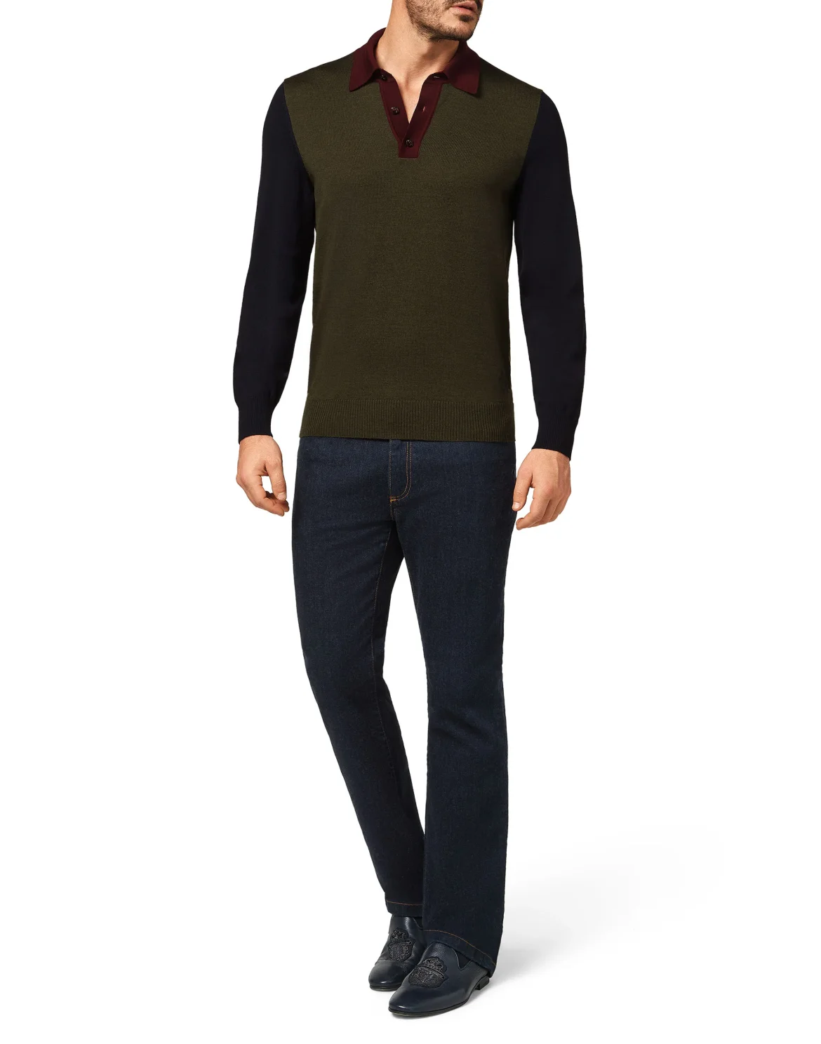 Merino wool Pullover Polo-Neck LS Color Block, цвет: Синий
