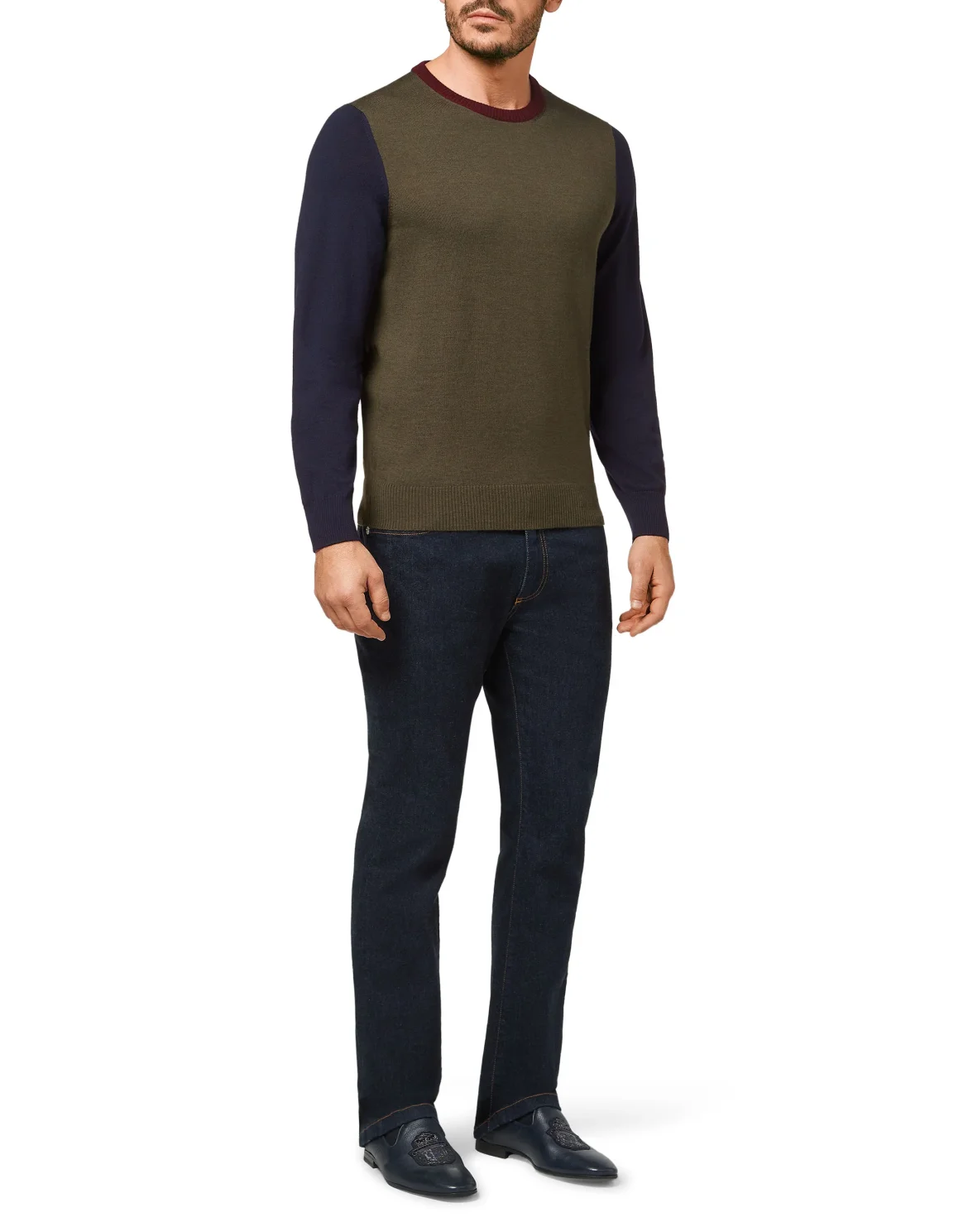 Merino wool Pullover Round Neck LS Color Block, цвет: Синий