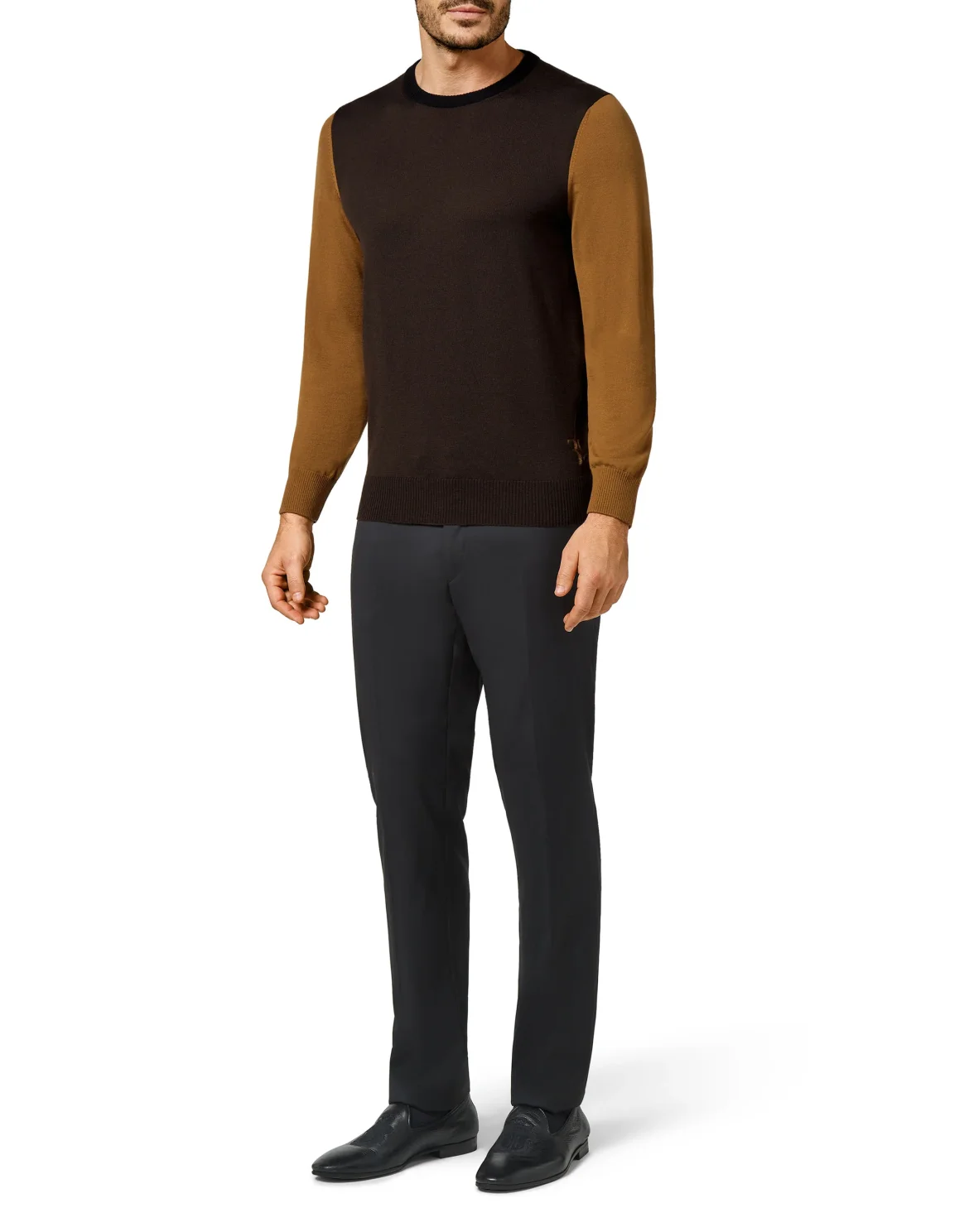 Merino wool Pullover Round Neck LS Color Block, цвет: Коричневый