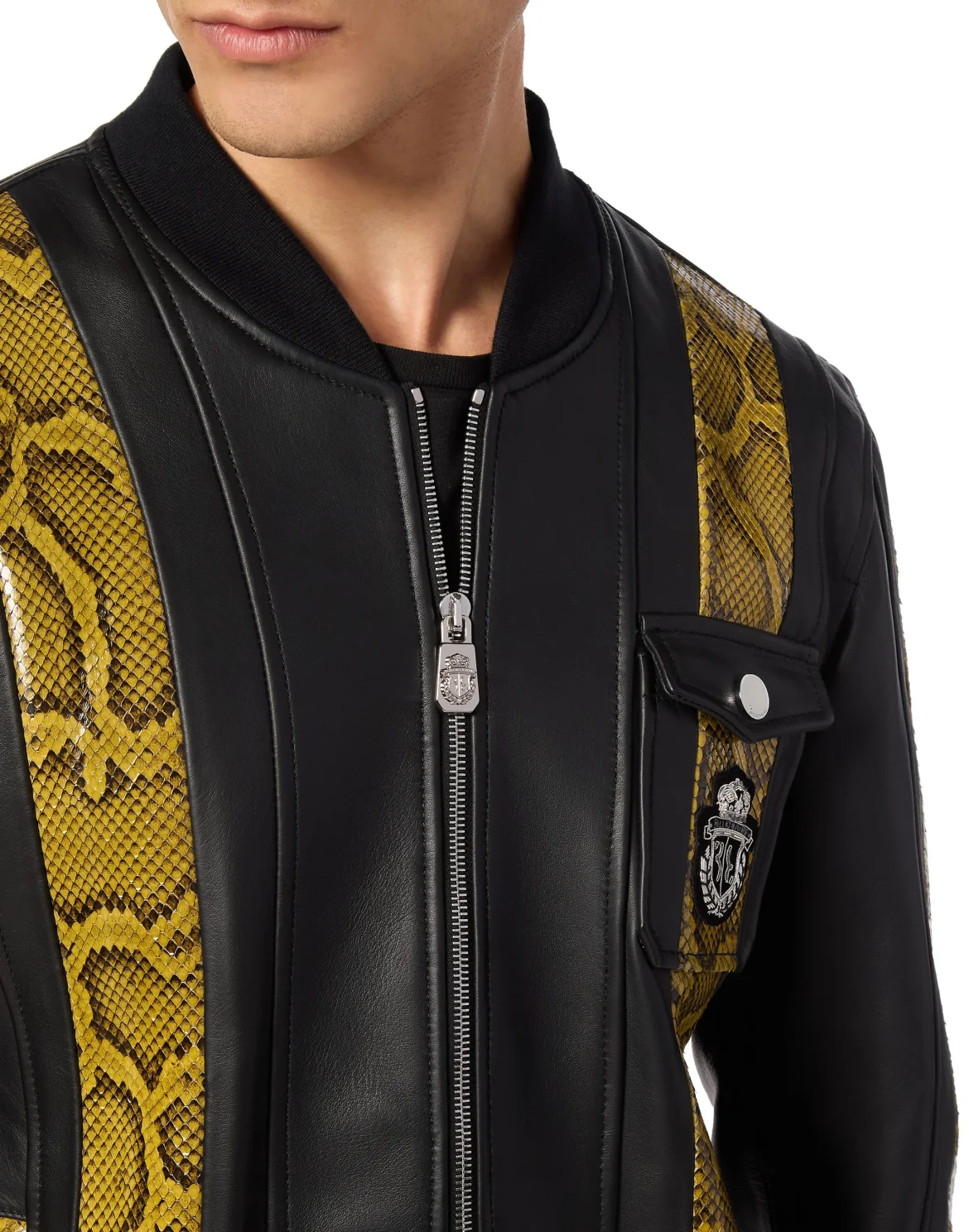 Leather Bomber with Python Inserts, цвет: Черный