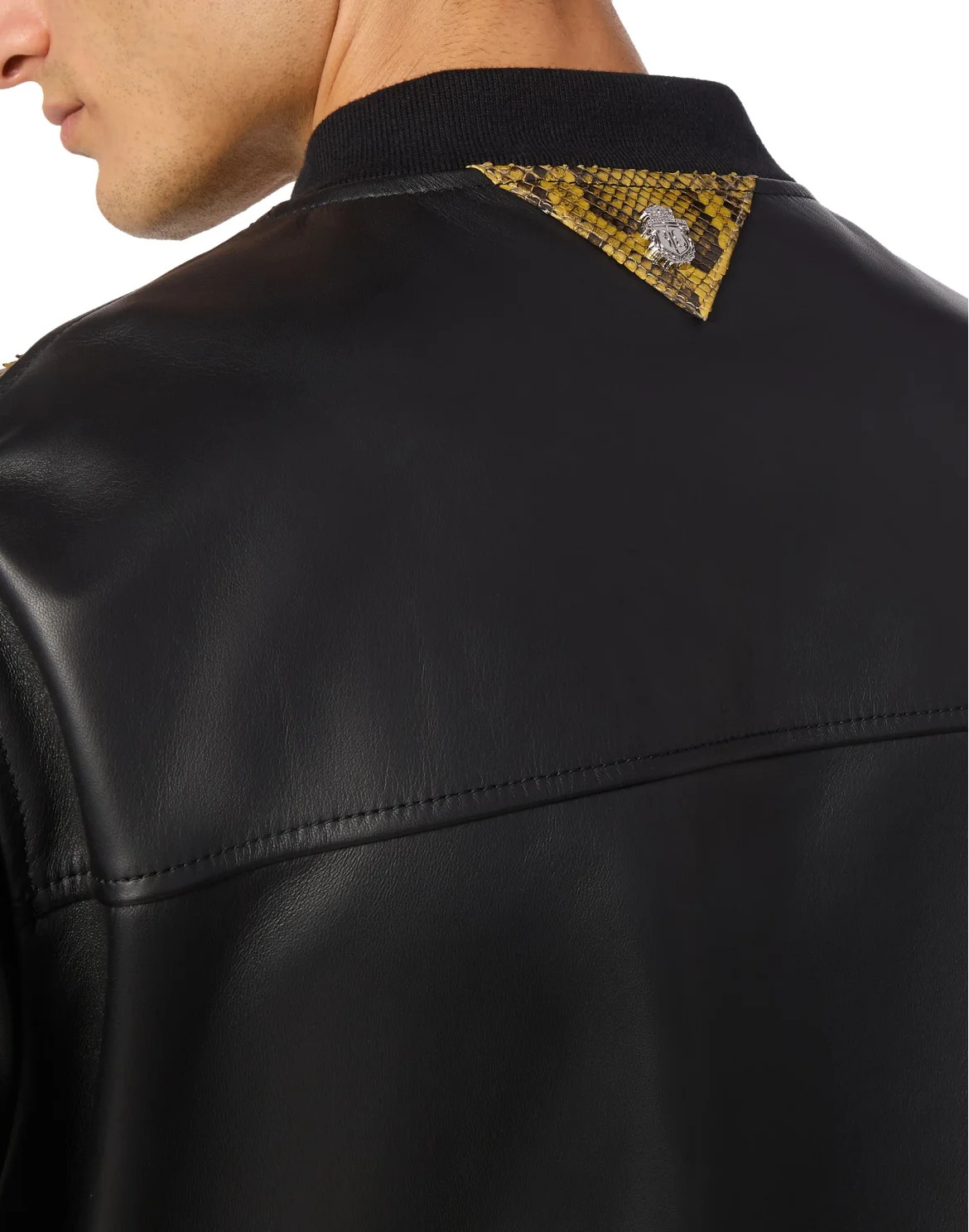Leather Bomber with Python Inserts, цвет: Черный