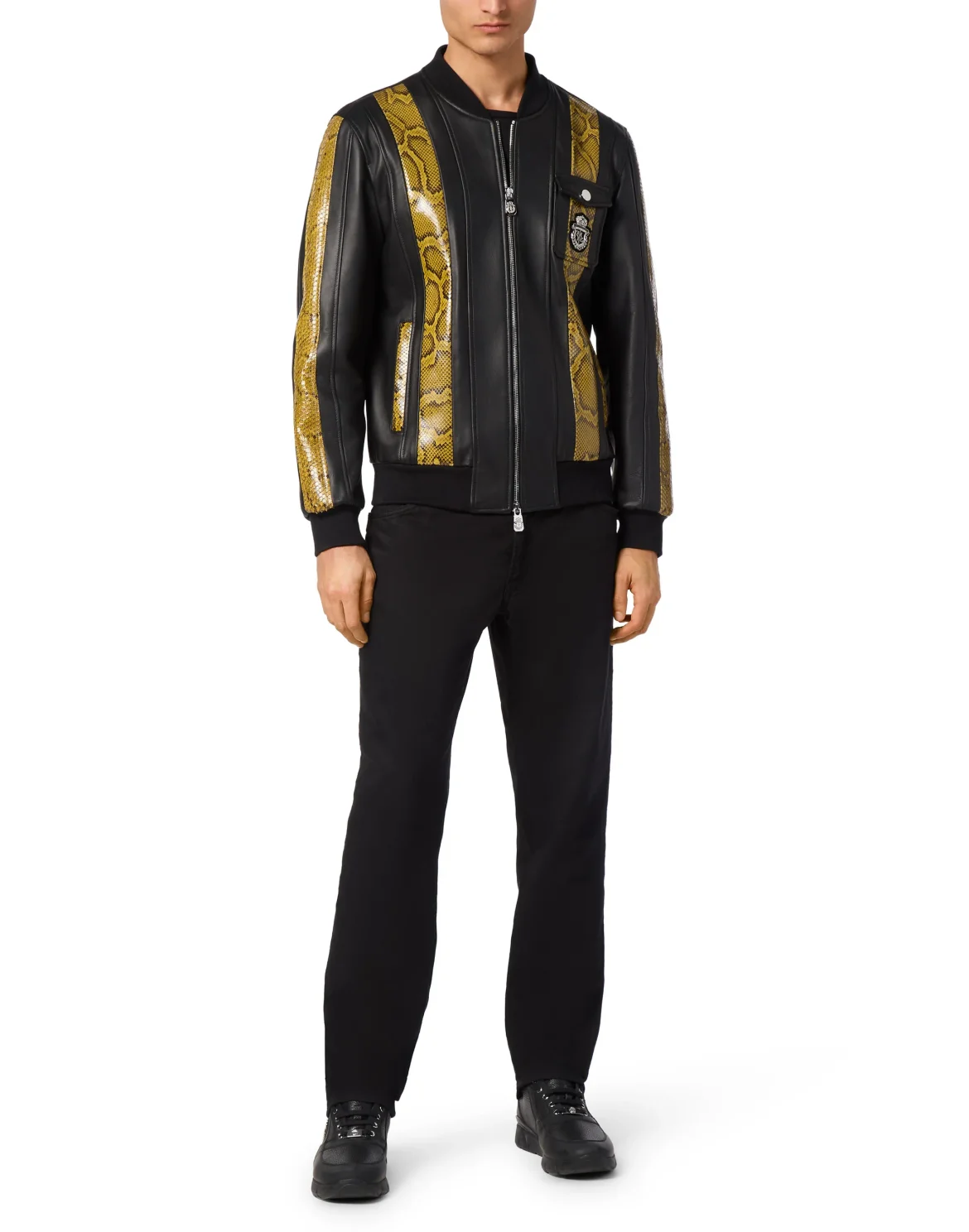 Leather Bomber with Python Inserts, цвет: Черный