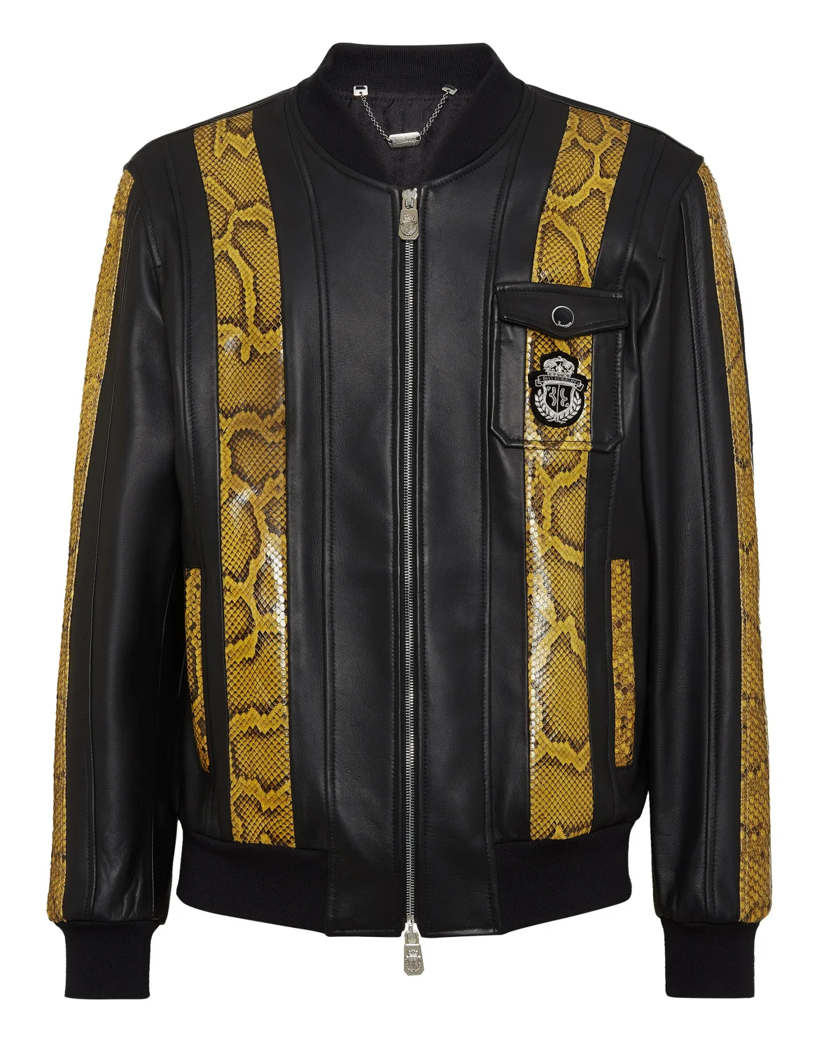 Leather Bomber with Python Inserts, цвет: Черный