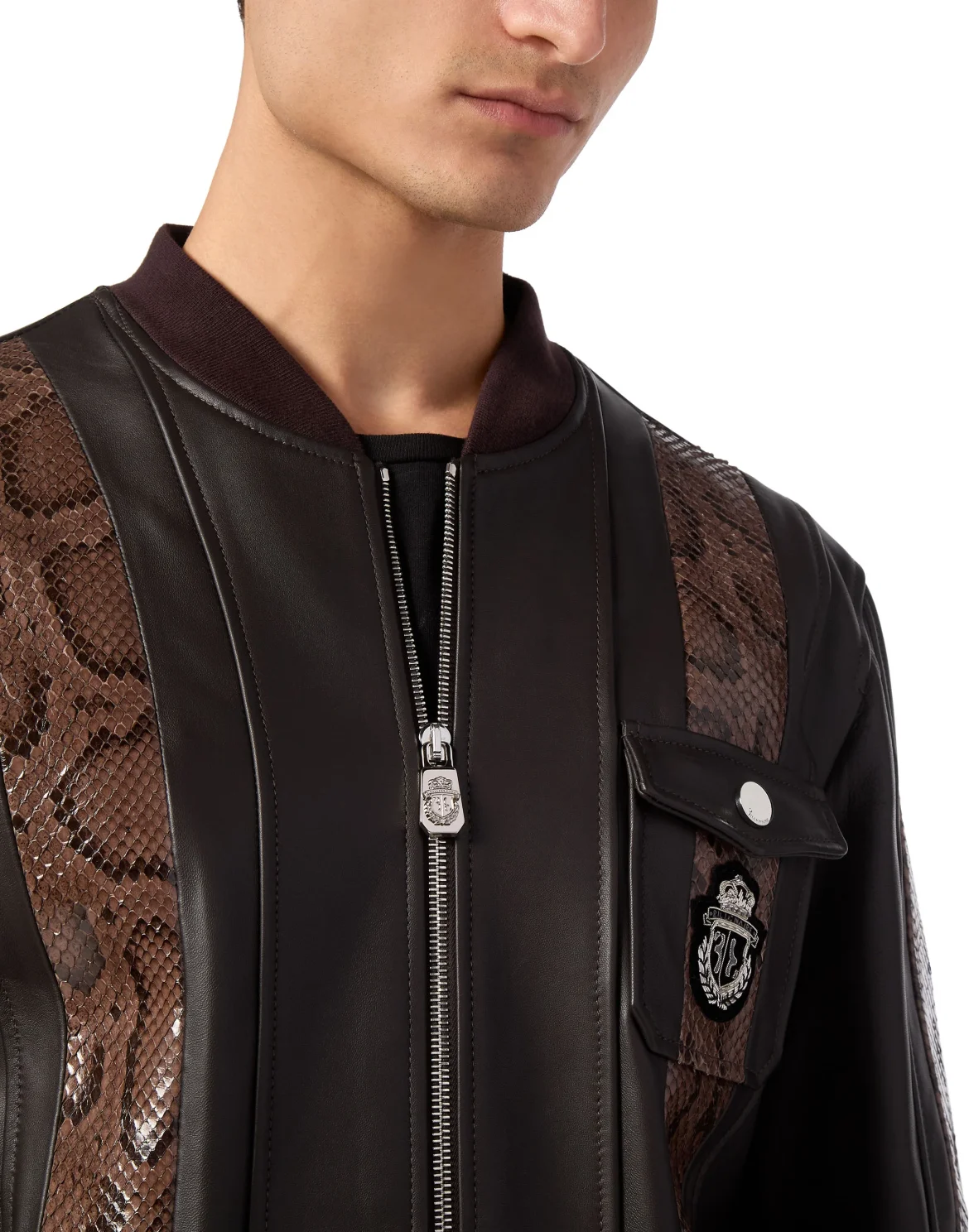 Leather Bomber with Python Inserts, цвет: Коричневый