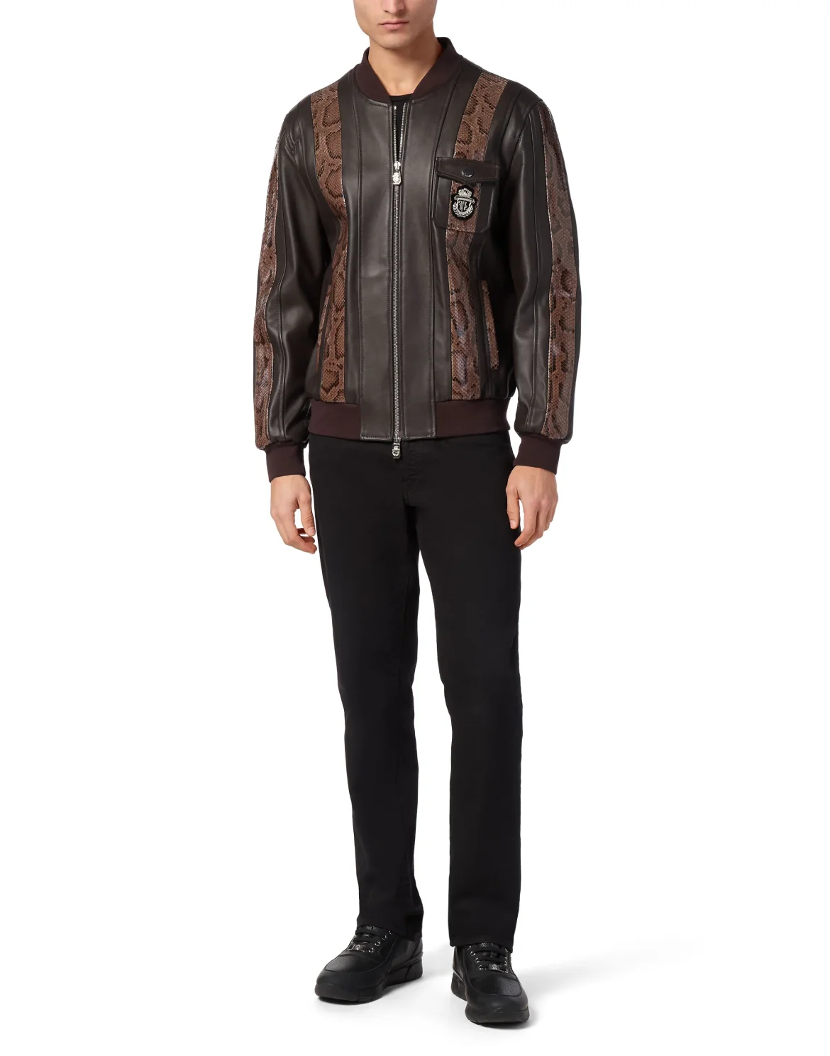 Leather Bomber with Python Inserts, цвет: Коричневый