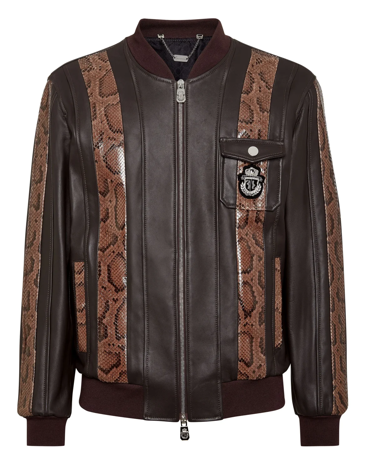 Leather Bomber with Python Inserts, цвет: Коричневый