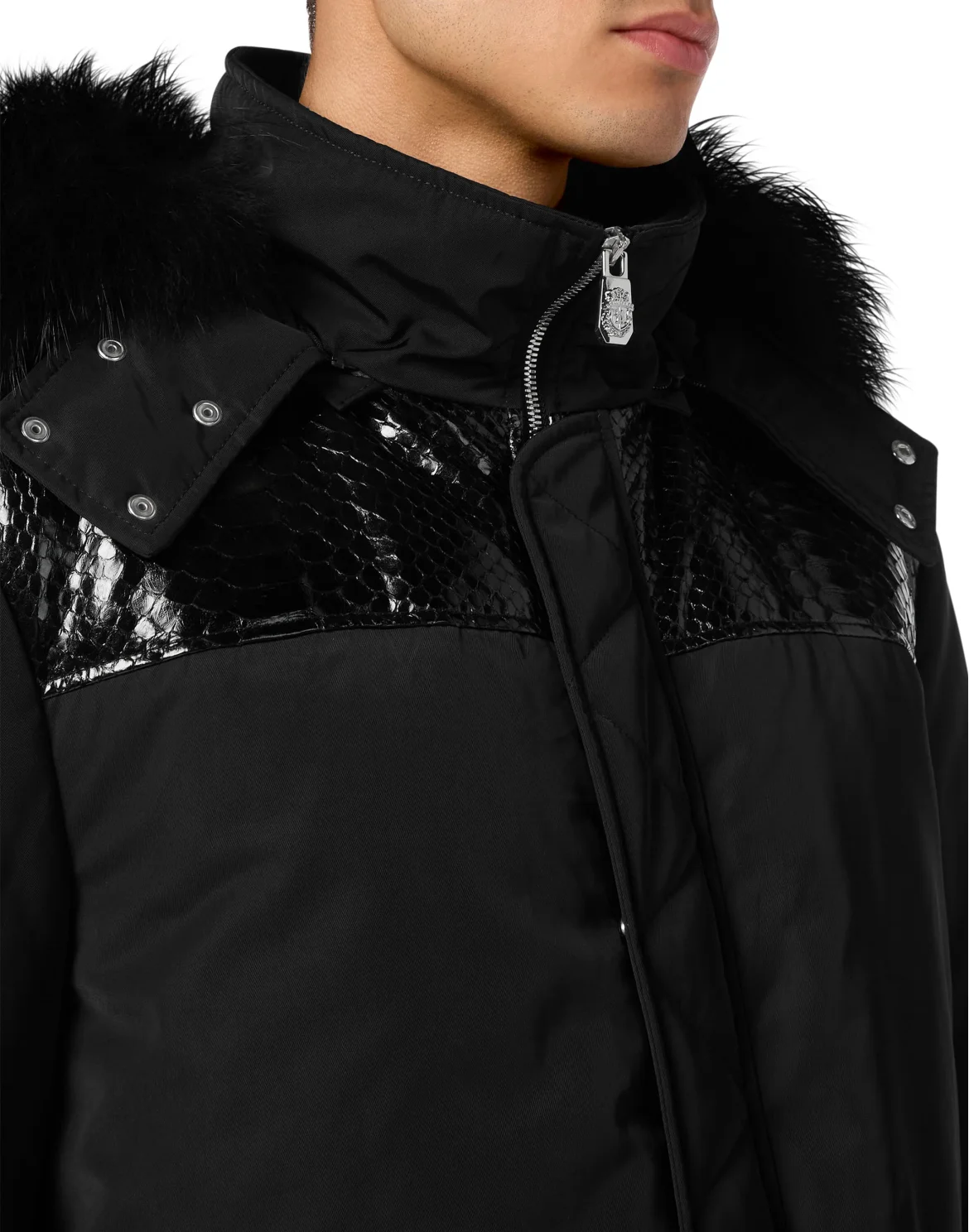 Nylon Parka With Python Inserts, цвет: Черный