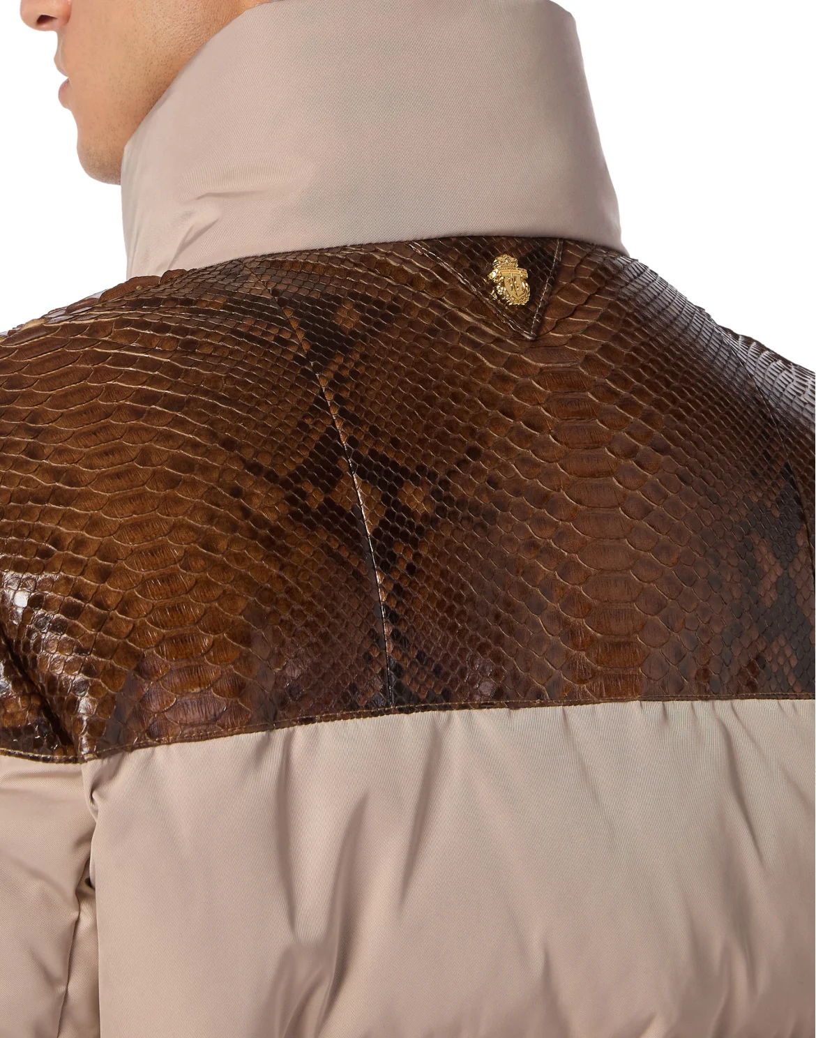 Nylon Down Jacket With Python Inserts, цвет: Бежевый