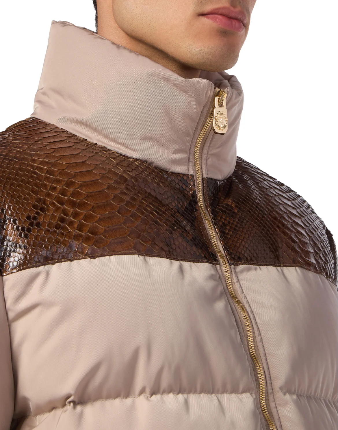 Nylon Down Jacket With Python Inserts, цвет: Бежевый