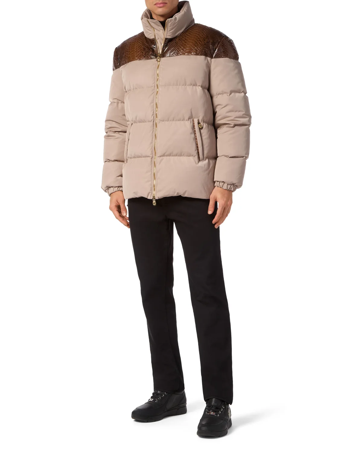 Nylon Down Jacket With Python Inserts, цвет: Бежевый