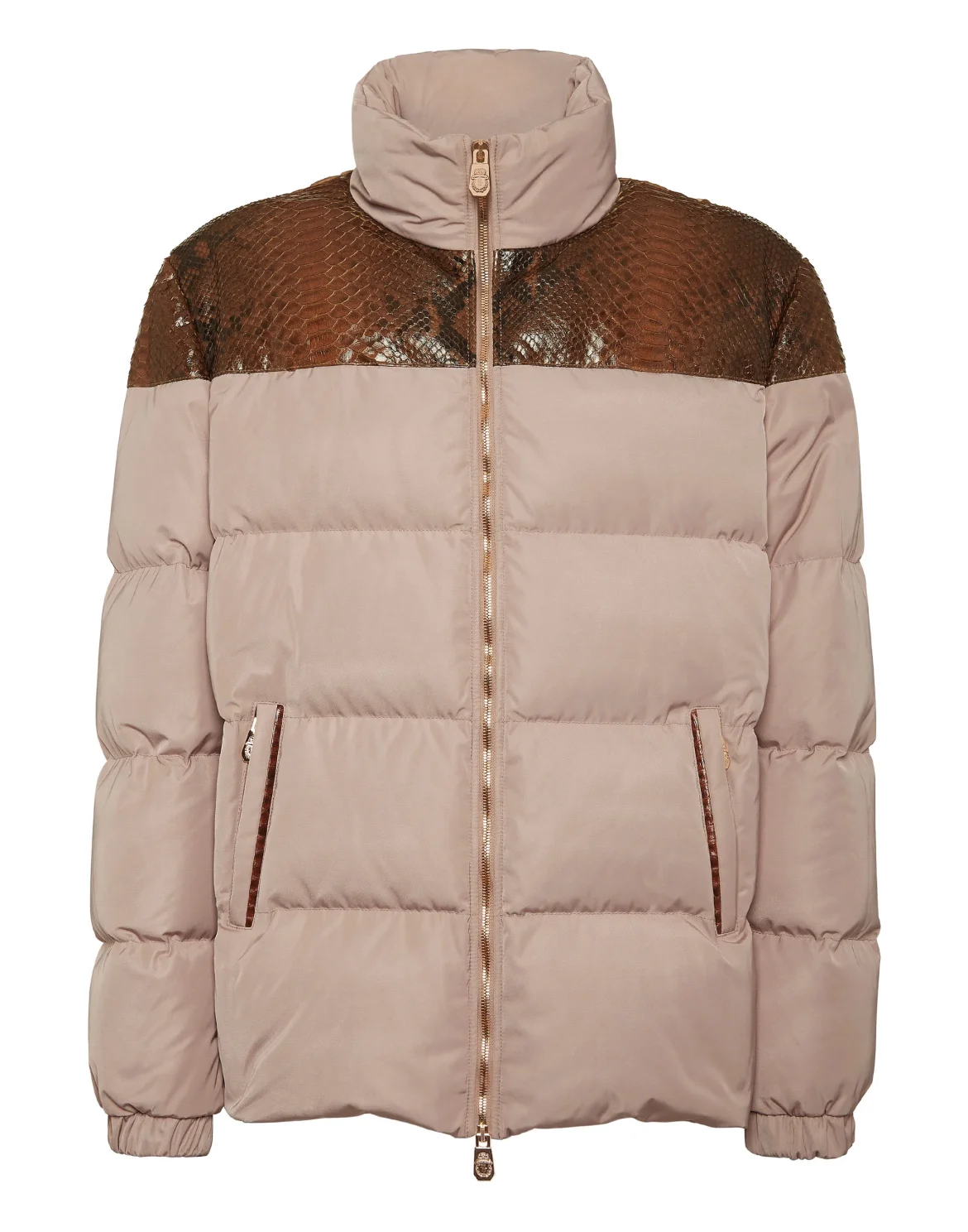 Nylon Down Jacket With Python Inserts, цвет: Бежевый