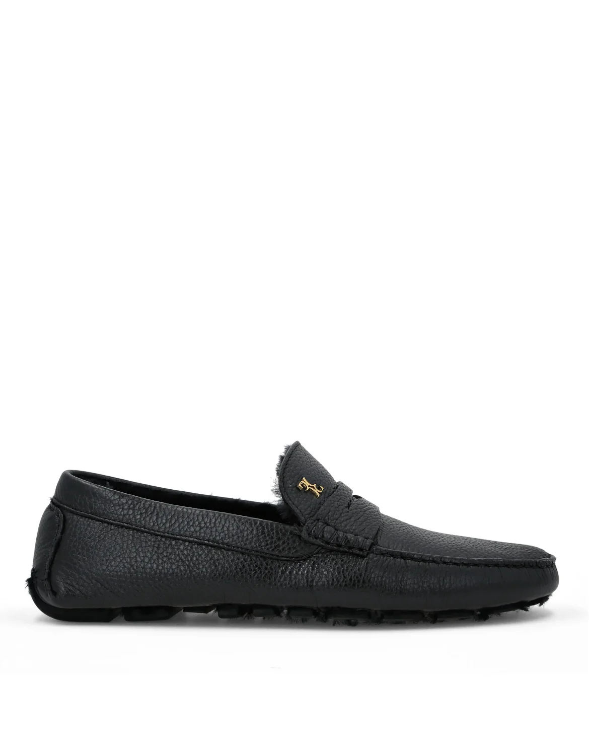 Embossed Leather Moccasin With Fur, цвет: Черный
