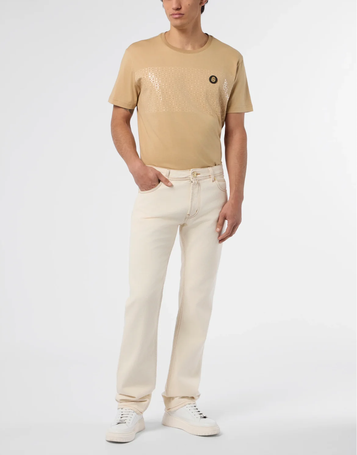 Embroidered 5 Pockets Regular Cut Jeans, цвет: Бежевый