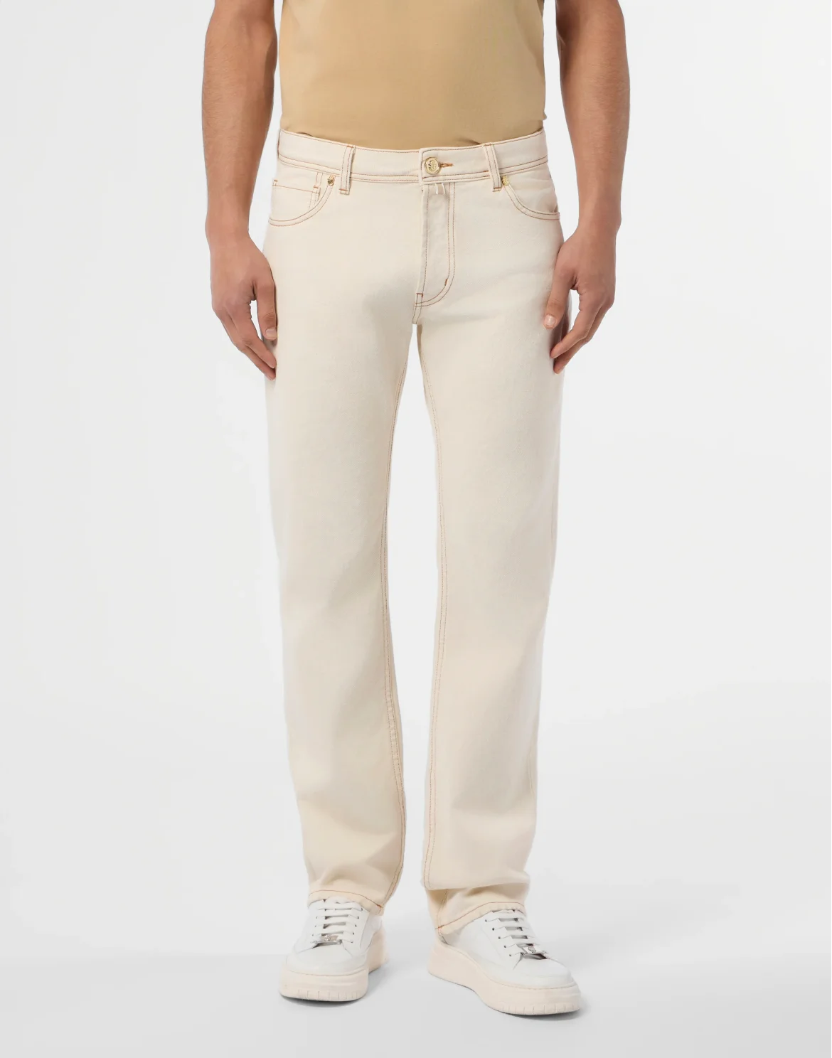 Embroidered 5 Pockets Regular Cut Jeans, цвет: Бежевый