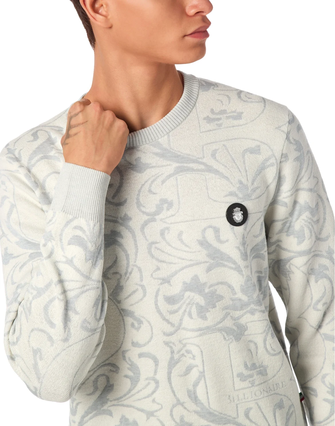 Wool Silk Round Neck Pullover Jacquard, цвет: Бежевый