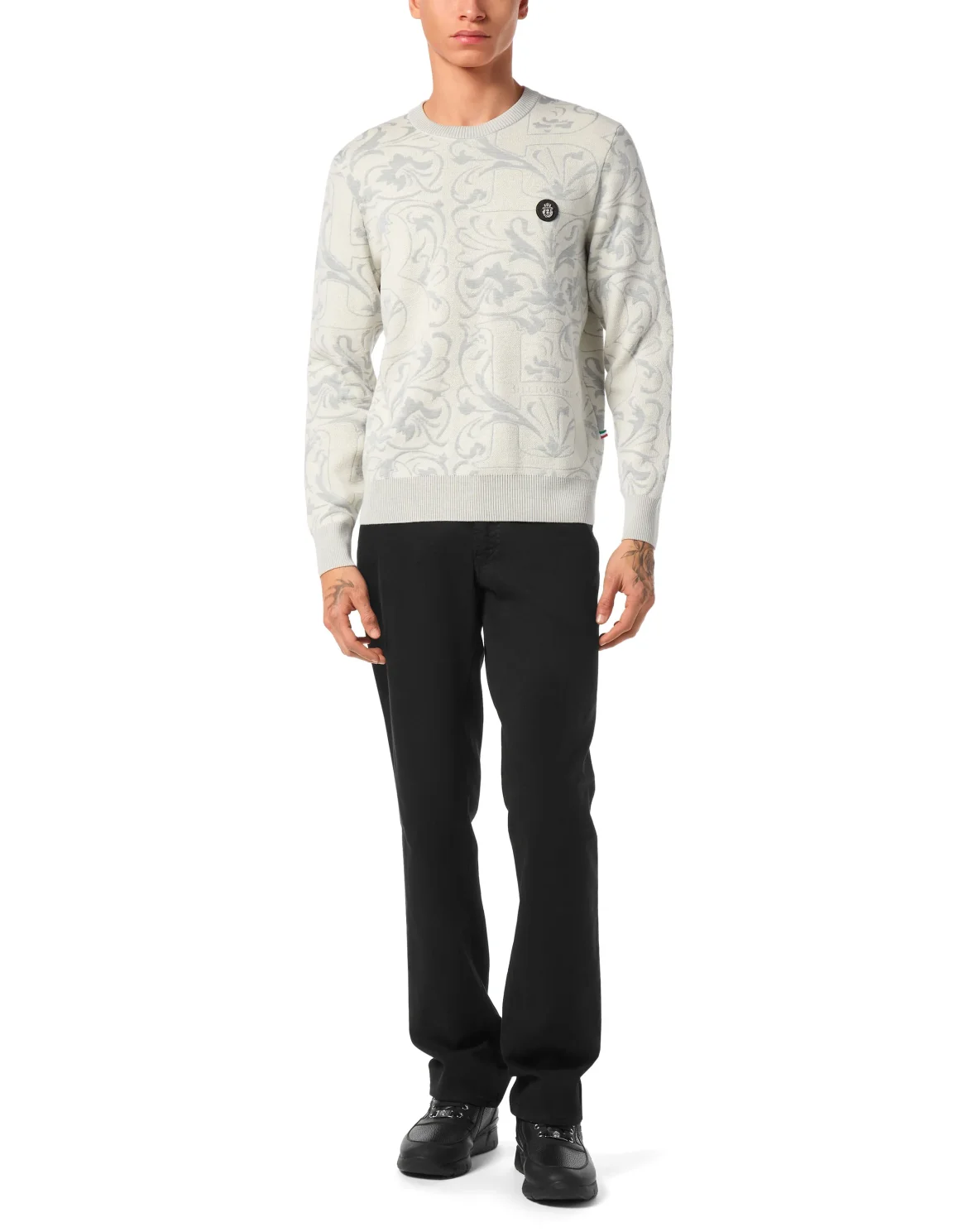 Wool Silk Round Neck Pullover Jacquard, цвет: Бежевый