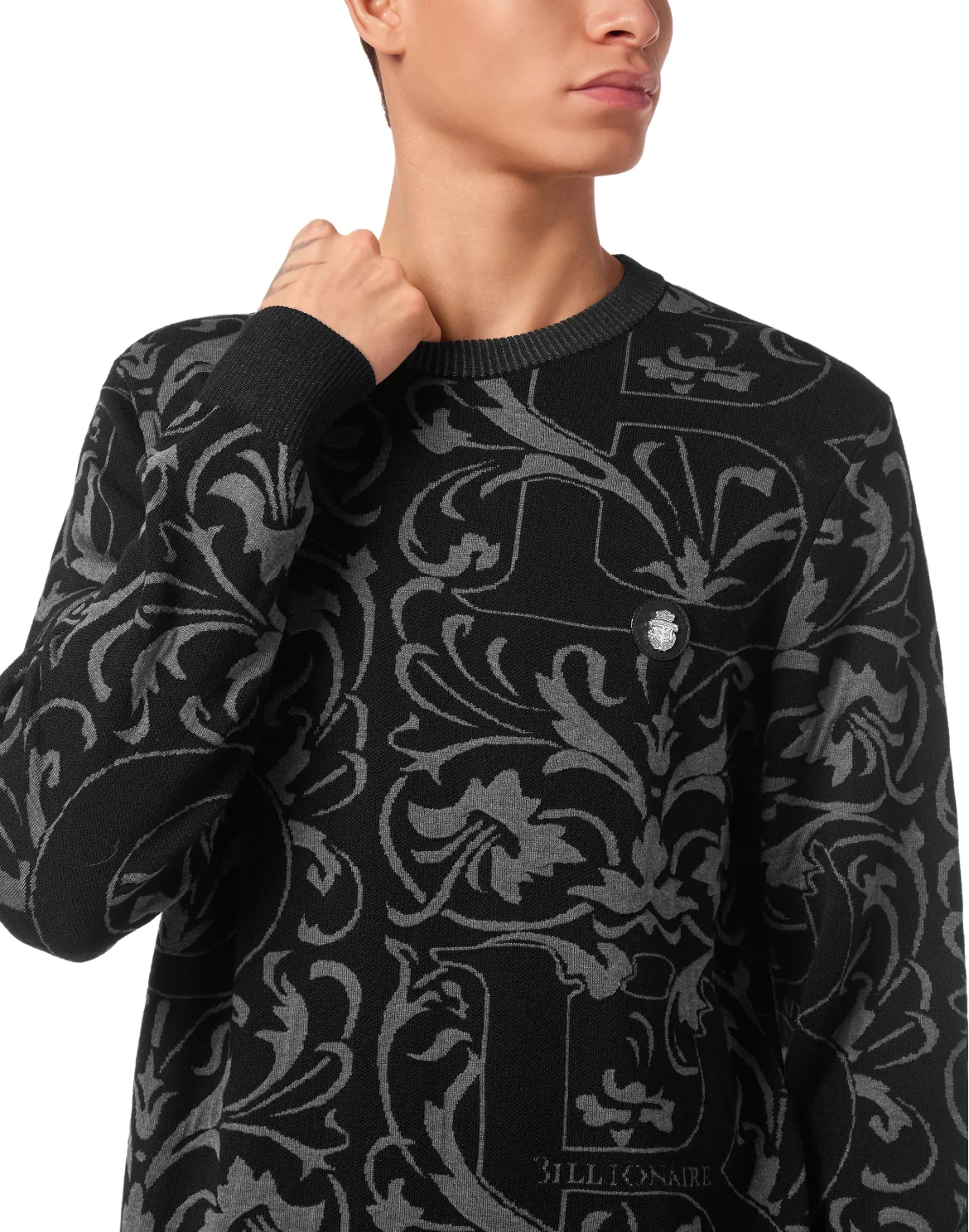 Wool Silk Round Neck Pullover Jacquard, цвет: Черный