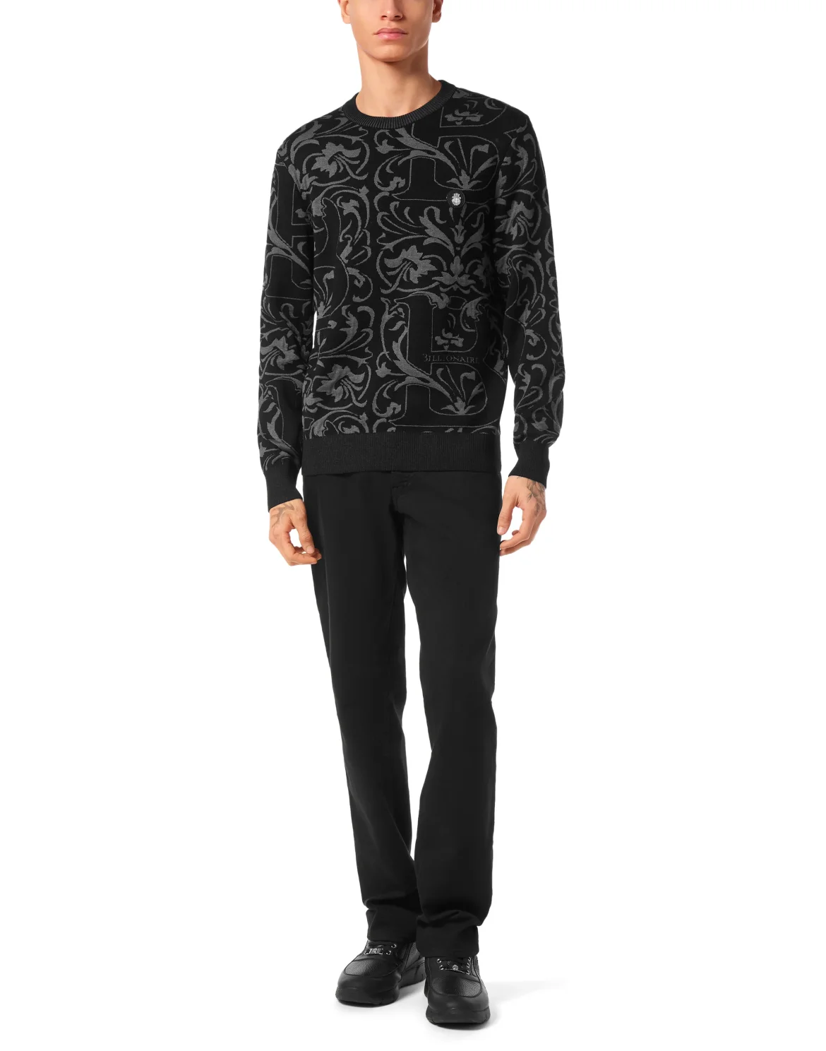 Wool Silk Round Neck Pullover Jacquard, цвет: Черный