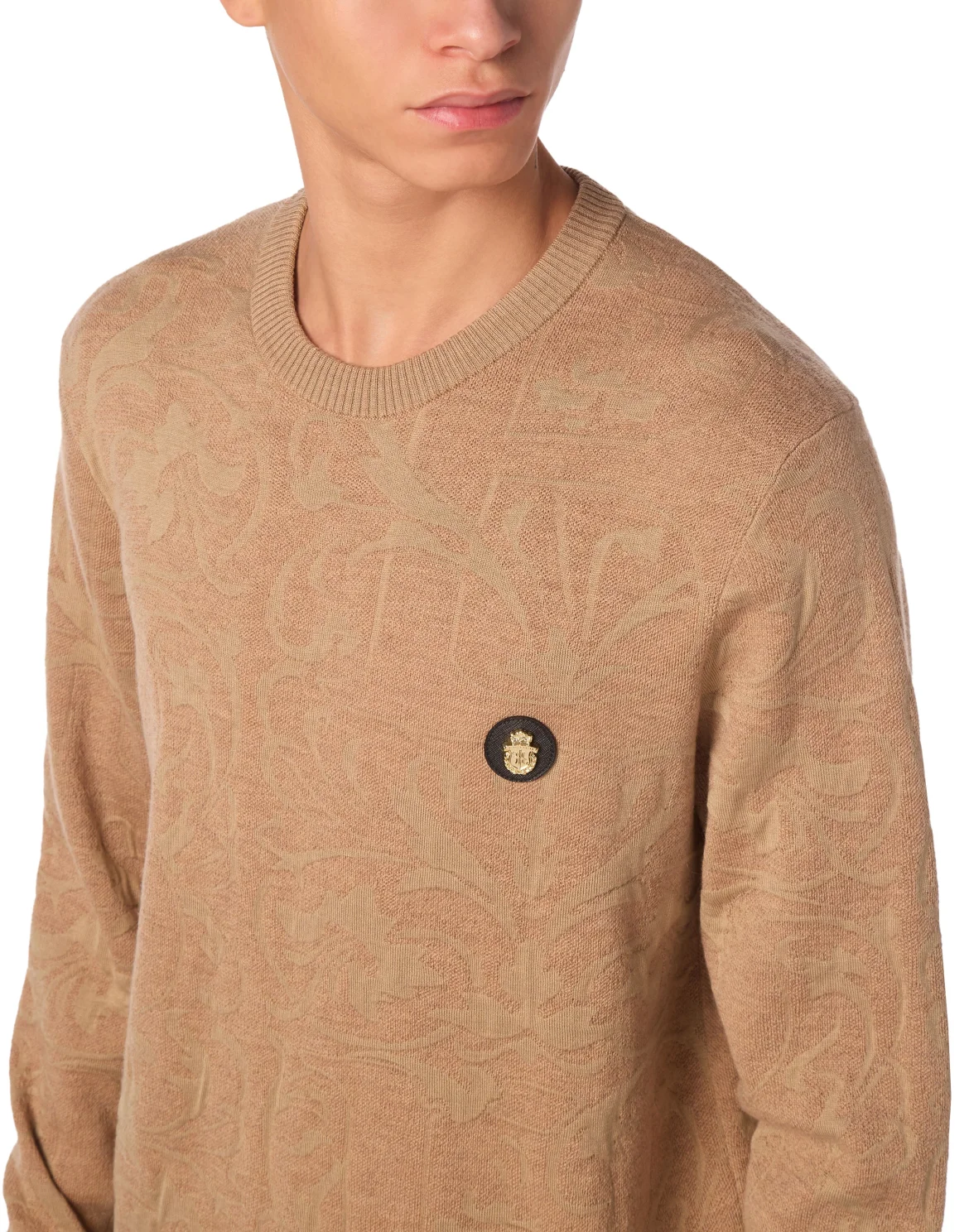 Wool Silk Round Neck Pullover Jacquard, цвет: Бежевый