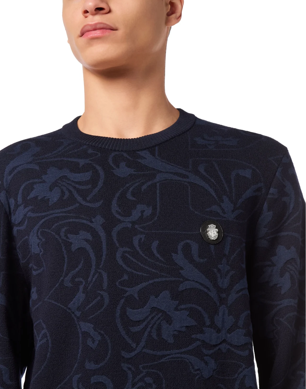 Wool Silk Round Neck Pullover Jacquard, цвет: Синий