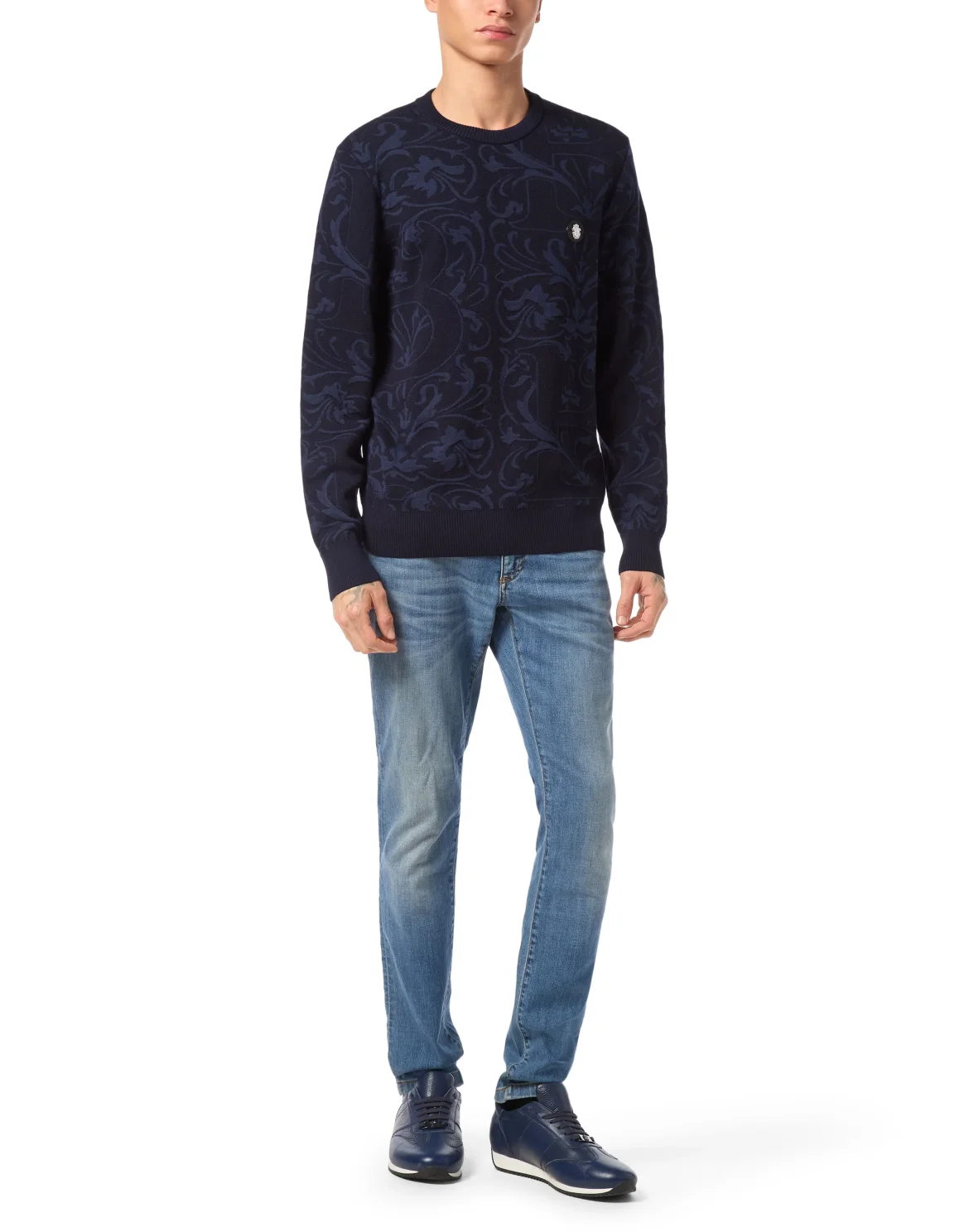 Wool Silk Round Neck Pullover Jacquard, цвет: Синий