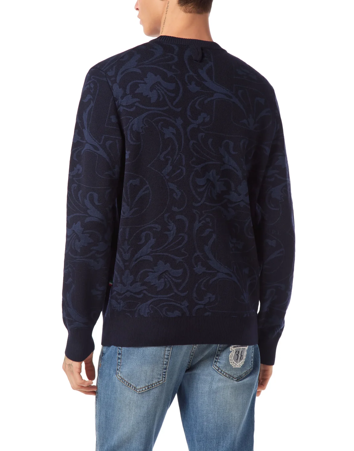 Wool Silk Round Neck Pullover Jacquard, цвет: Синий