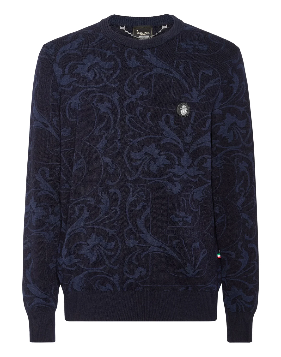 Wool Silk Round Neck Pullover Jacquard, цвет: Синий
