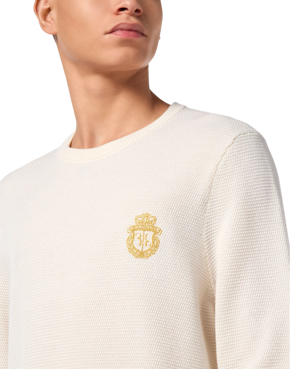 Embroidered Wool Silk Round Neck Pullover, цвет: Бежевый