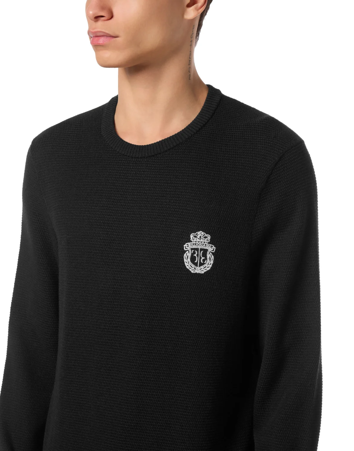 Embroidered Wool Silk Round Neck Pullover, цвет: Черный