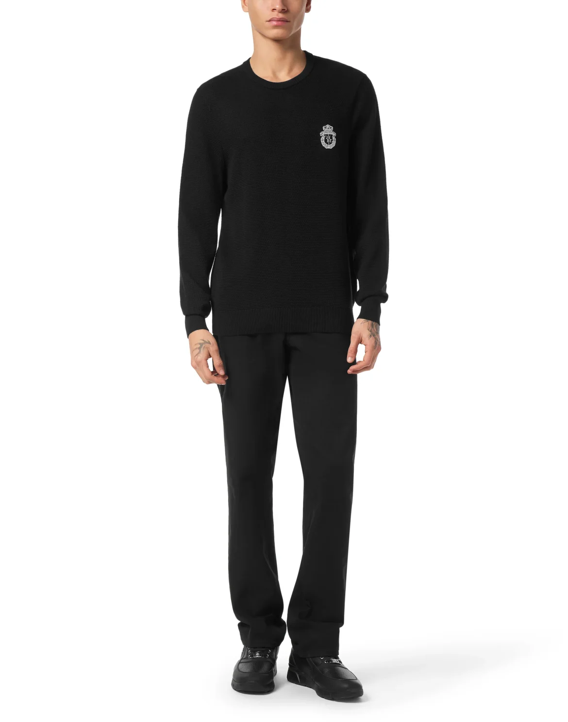 Embroidered Wool Silk Round Neck Pullover, цвет: Черный