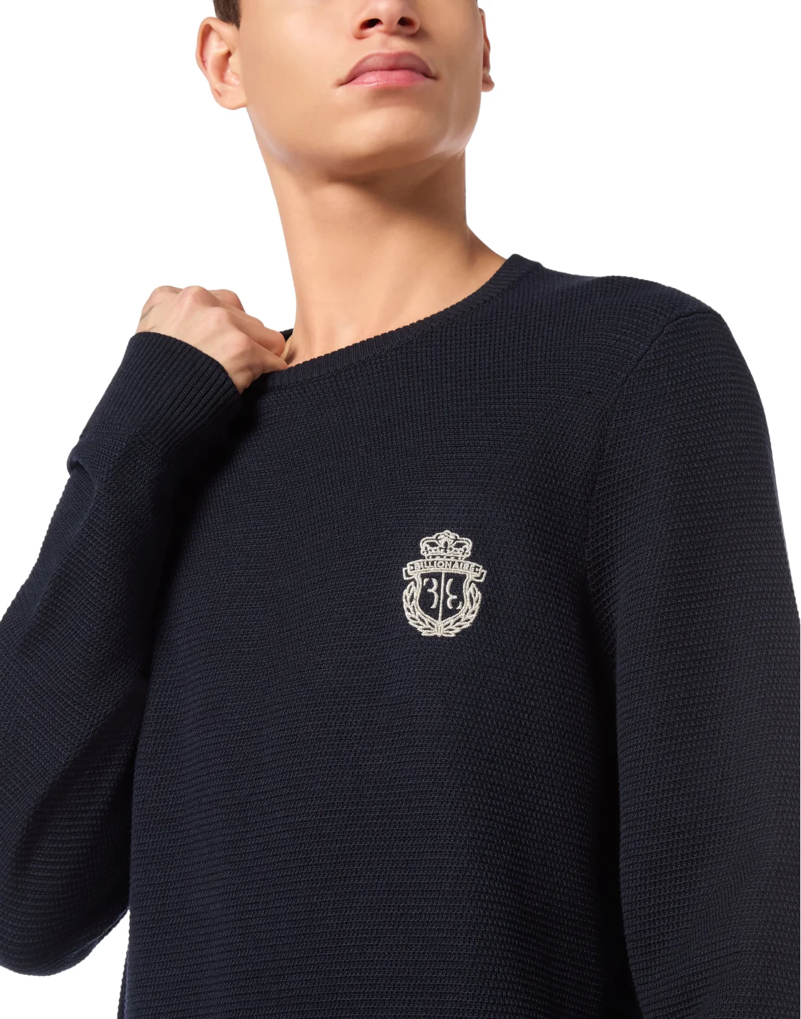 Embroidered Wool Silk Round Neck Pullover, цвет: Синий