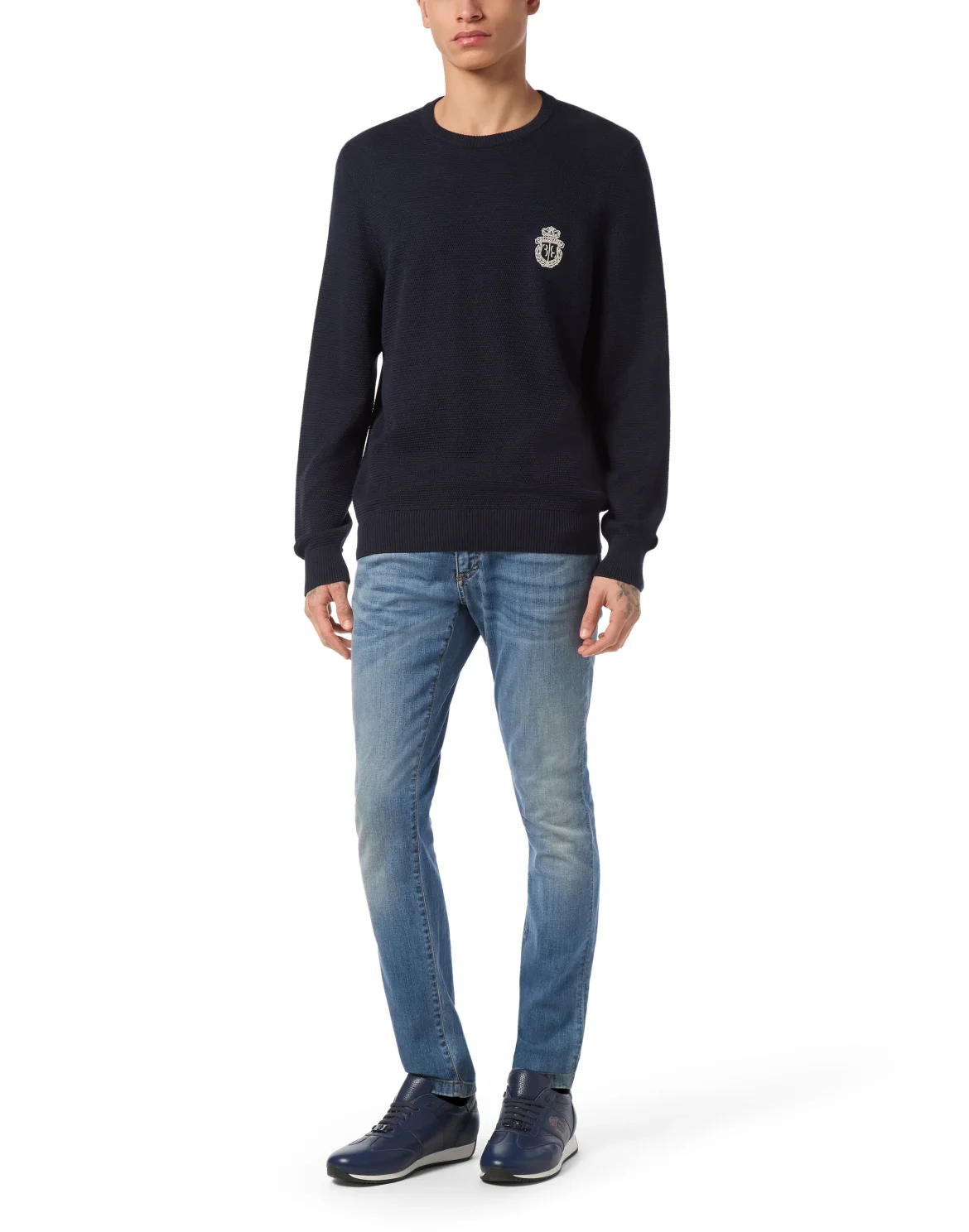 Embroidered Wool Silk Round Neck Pullover, цвет: Синий