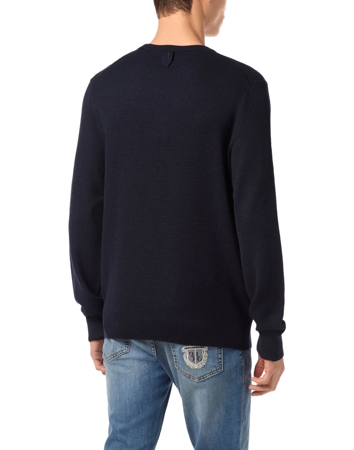 Embroidered Wool Silk Round Neck Pullover, цвет: Синий