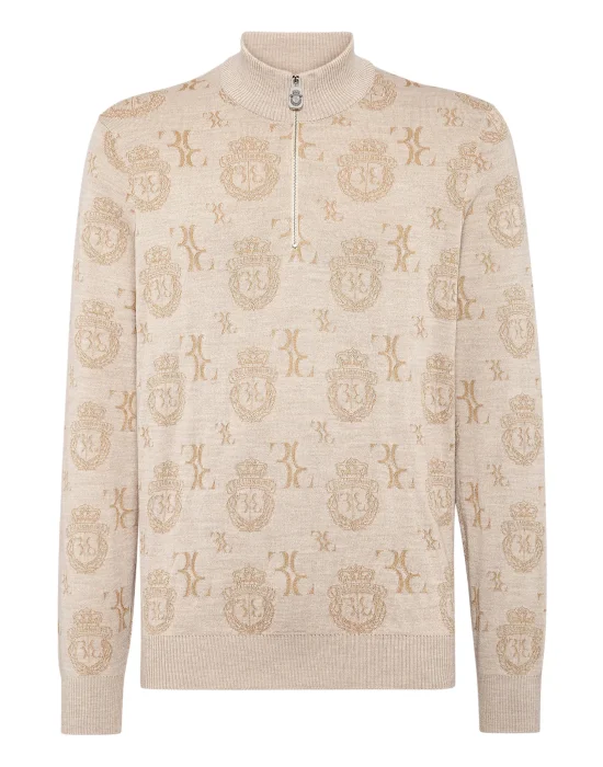 Wool Silk Jacquard Zip Mock Pullover