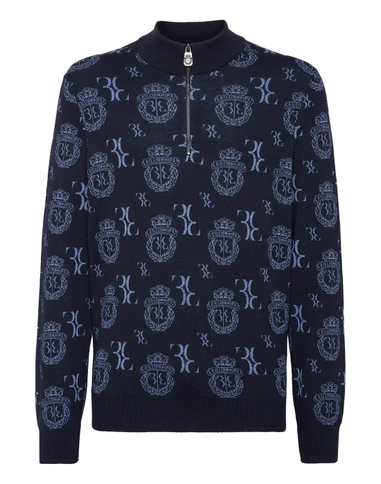 Wool Silk Jacquard Zip Mock Pullover