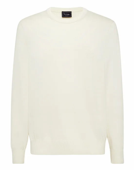 Embroidered Cotton Cashmere Round Neck Pullover