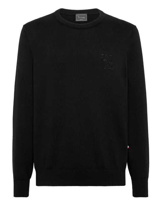 Embroidered Cotton Cashmere Round Neck Pullover