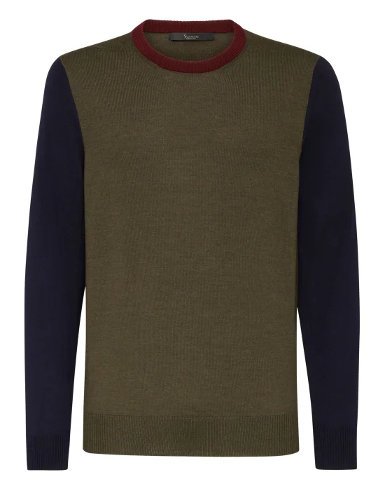 Merino wool Pullover Round Neck LS Color Block